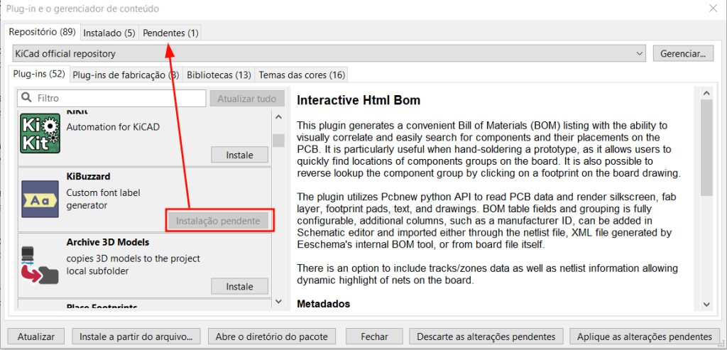 gerenciador de plugins do kicad